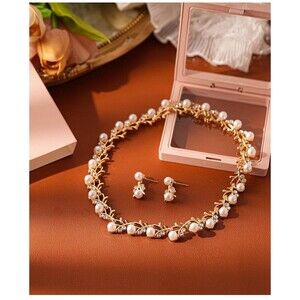 Bridal Jewelry Set Women Necklace Earrings Stylish Fancy Pearl Rhinestone Choker
